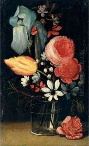 A Still Life With An Iris, 
Roses, A Tulip And Various Other Flowers Together In A Glass Vase