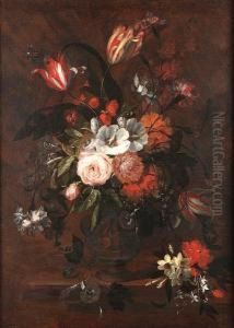 Roses, Carnations, Tulips, 
Narcissi And Other Flowers In An Earthenware Vase On A Table Top