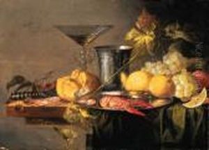Crayfish And Prawns On A Pewter
Plate, A Beaker, A Faon De Venisewineglass, A Roll, A Knife, Lemons,
Grapes, Cherries And Otherfruit On A Partly Draped Table by Jasper van der Lanen