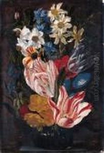 Tulips, Roses, Anemones,
Daffodils, Hyacinths, Morning Glory Andother Flowers In A Glass Vase On A
Stone Ledge thumbnail