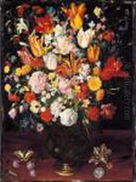 A Still Life Of Tulips, Pink
Peonies, White Lilies, Poppies, Anemones, A White Raceme Rose, Garden
Nasturtium And Other Flowers In A Vase Resting On A Wooden Surface, With
A Caterpillar, A Butterfly And A Coin And Medal - view 1