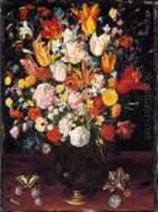 A Still Life Of Tulips, Pink 
Peonies, White Lilies, Poppies, Anemones, A White Raceme Rose, Garden 
Nasturtium And Other Flowers In A Vase Resting On A Wooden Surface, With
 A Caterpillar, A Butterfly And A Coin And Medal