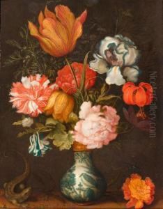 Still Life With Bouquet Of Flowers In A Wan-li Vase And A Lizard