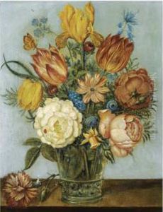 A Still Life With Tulips, Roses,
Daffodils, Forget-me-nots Andother Flowers In A Glass Vase On A Wooden
Ledge by Balthasar Van Der Ast