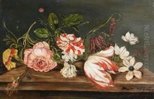Roses, A Tulip, A Chrysanthemum And Otherflowers On A Table Top