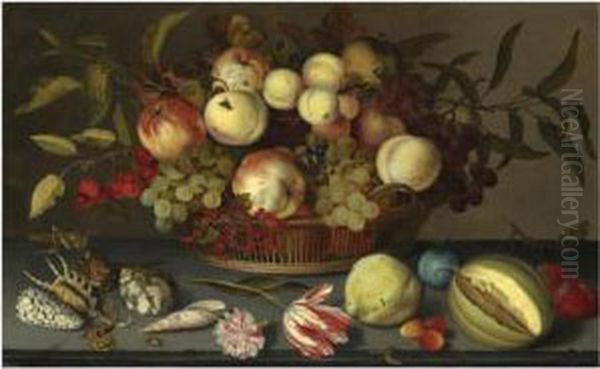Still Life Of Peaches, Apples,
Grapes, Cherries And Redcurrantsin A Basket, With Sea-shells, Insects, A
Parrot Tulip, A Pink Roseand Further Fruit Scattered On The Stone Ledge
Beneath - view 1