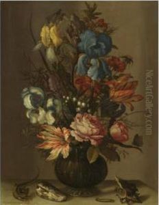 Still Life Of Roses, Tulips, 
Irises, French Marigold, And Lily Ofthe Valley In A Glass Vase, On A 
Ledge, Flanked By Shells, A Lizardand A Caterpillar