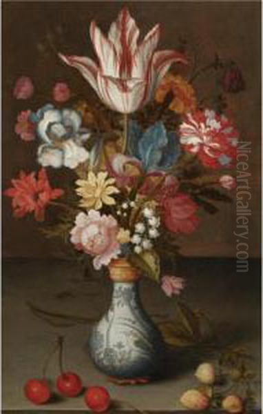 Still Life Of A 'semper
Augustus' Tulip, Irises, A Carnation And Other Flowers In A Wan-li Vase,
Resting On A Table With Cherries And Berries - view 1