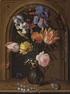Irises, Tulips, Roses And Lily 
Of The Valley In A Vase With A Lizard, A Butterfly And A Dragonfly 
Before A Niche