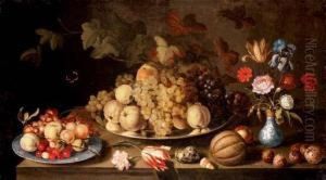 Grapes And Pears On A Pewter 
Plate, With Apples, Cherries And Grapes On A Wanli Plate, Flowers In A 
Vase And A Melon, Nuts And Shells On A Tabletop