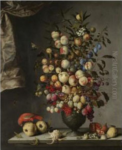 A Still Life With Sprays Of
Apples, Peaches, Pears, Apricots, Plums, Greengages, Lemons,
Redcurrants, Grapes And Other Fruit Arranged In A Decorated Basalt Urn,
With Shells, A Red Parrot Perched On Quinces, A Lemon And An Open
Pomegranate, A Lizar - view 1
