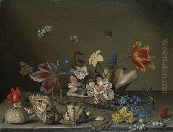 A Still Life Of Flowers
Contained Within A Shell On A Ledge, With Scattered Shells And Lizard
Beside It. - view 1