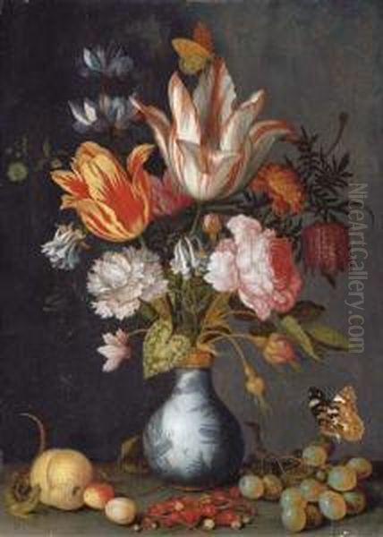 Tulips, A Rose, A Carnation,
Cyclamen, Snake's Head Fritillary,double Columbine, Rosebuds And
Marigolds In A Blue And Whitegilt-mounted Porcelain Vase, With A Painted
Lady Butterfly, Alizard, Grapes, Cherries, Plums And Redcurrants On A
Ledge - view 1