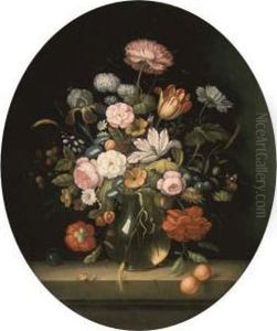 Roses, Tulips, Morning Glory, 
Berries And Fruit In A Glass Jug Witha Butterfly, A Dragonfly And A 
Snail On A Ledge