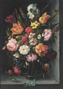 Roses, Tulips, Carnations,
Morning Glory And Other Flowers In Aglass Vase With A Butterfly, A Snail
And A Shell On A Ledge by Balthasar Van Der Ast