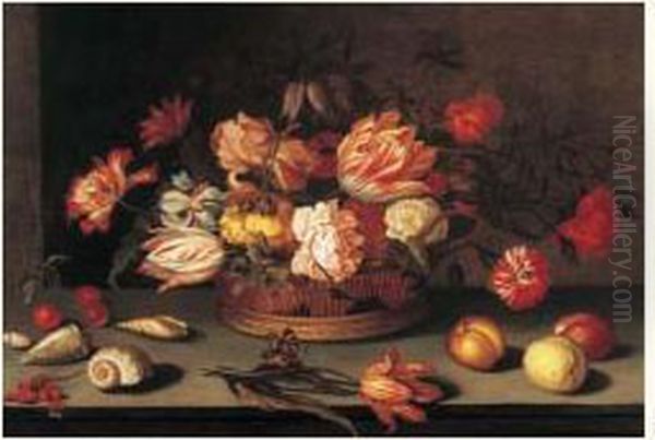 Nature Morte Au Panier De Fleurs, Fruits, Coquillages Et Papillon
Sur Un Entablement - view 1
