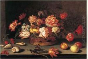 Nature Morte Au Panier De Fleurs, Fruits, Coquillages Et Papillon
Sur Un Entablement by Balthasar Van Der Ast