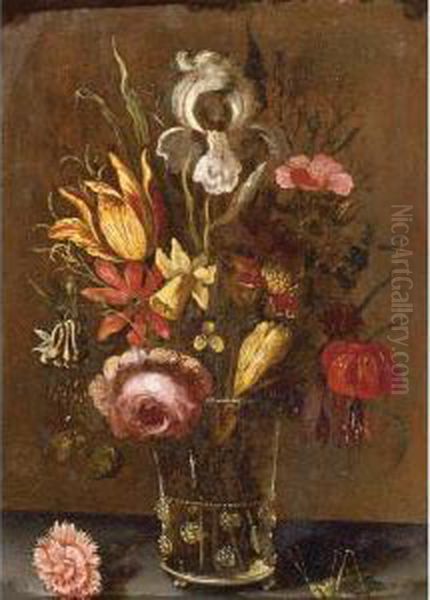 Still Life With An Iris, A
Tulip, A Rose And Other Flowers In A Glass Vase, Resting On A Ledge With
A Grasshopper - view 1
