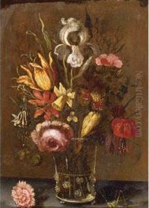 Still Life With An Iris, A 
Tulip, A Rose And Other Flowers In A Glass Vase, Resting On A Ledge With
 A Grasshopper