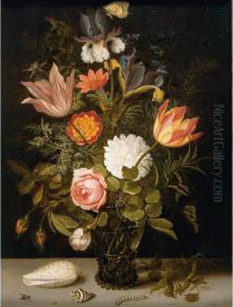 Still Life Of Roses, Tulips, 
Irises, An African Marigold And Other Flowers In A Roemer Resting On A 
Ledge, With Two Shells, A Butterfly And Other Insects - view 1