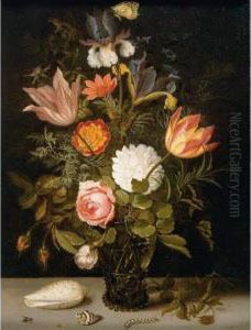 Still Life Of Roses, Tulips,
Irises, An African Marigold And Other Flowers In A Roemer Resting On A
Ledge, With Two Shells, A Butterfly And Other Insects by Balthasar Van Der Ast