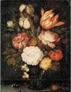 A Still Life With Roses, A 
Tulip, An Iris And Other Flowers Together In A Roemer On A Stone Ledge, 
With A Snail, A Bee And A Ladybird