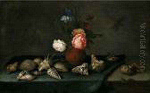 Still Life Of Roses, An Iris And
 Fritillaries In An Earthenware Vase, With Assorted Shells, A Dragonfly 
And A Lizard Upon A Table Partly Draped With A Green Cloth - view 1