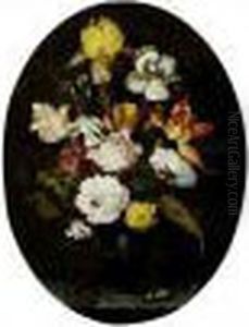 A Still Life Of Roses, Irises,
Tulips, Narcissi And Other Flowers, In A Glass Vase With Gilt Mounts,
Set Upon A Ledge, Flanked By A Lizard And A Large Bug by Balthasar Van Der Ast