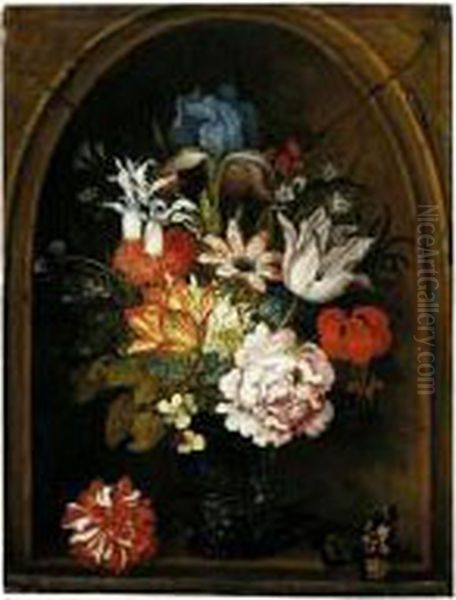 A Still Life Of Tulips, A Rose,
An Iris, A Fuchsia, Forget-me-nots And Other Flowers In A Berkemeijer
Glass, Set In A Niche And Flanked With A Carnation And A Butterfly - view 1