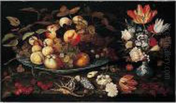 A Still Life Of Apples, Grapes, 
And Peaches In A Blue-and-white Porcelain Bowl, A Bouquet Of Tulips, 
Roses, Irises, Lily-of-the-valley And Other Flowers In A Blue-and-white 
Porcelain Vase, Both On A Stone Ledge Covered With Flowers, Shells, 
Cherri - view 1