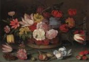 Roses, Fritillaries, And Lilies 
In A Basket With Cherries, Shells,and An Insect On A Table by Balthasar Van Der Ast