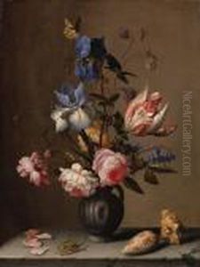 Irises, Roses, Columbine, 
Hyacinth And A Tulip In A Black Potterypitcher, With Seashells And A 
Grasshopper On A Stone Ledge