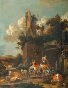 Blacksmith And Herdsmen With Animals Before Some Ruins. by Harmenszoon van Rijn Rembrandt