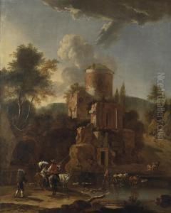 A Mountainous River Landscape With Cattle Drovers Making A Crossingby A Ruined Castle