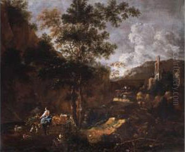 Felsige, Sudliche Landschaft Mit Ruine, Kuhhirten, Reisigsammlern Und Wanderern - view 1