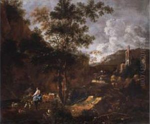 Felsige, Sudliche Landschaft Mit Ruine, Kuhhirten, Reisigsammlern Und Wanderern by Harmenszoon van Rijn Rembrandt