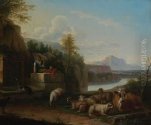 La Valle Del Tevere Con Gregge All'abbeverata E Pastore