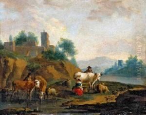 Flusslandschaft Mit Bauern Und Vieh. by Harmenszoon van Rijn Rembrandt