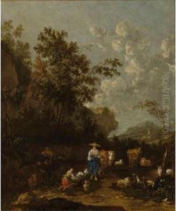 Sold By The J. Paul Getty Museum To Benefit Future Painting Acquisitions
A Wooded Italianate Landscape With Shepherds, A Shepherdess Milking A Goat, Surrounded By Their Herd Of Cows, Shee by Harmenszoon van Rijn Rembrandt