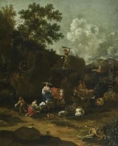 Peasants With Cattle At An Old Well. by Harmenszoon van Rijn Rembrandt