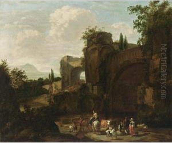 A Classical Landscape With Shepherds And Their Herd Near Ruins - view 1