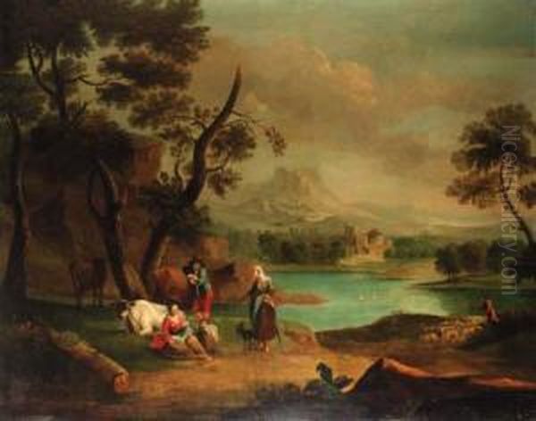 A Drover With Cattle And A Traveller Resting In A Riverlandscape - view 1