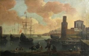 A Busy Harbour Scene With Figures In The Foreground