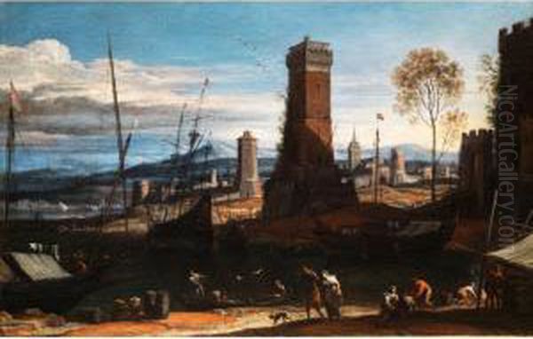 Landschaft Mit Hohen Turmen, Meeresbucht Und Anliegenden Schiffen
Sowie Figurenstaffage - view 1