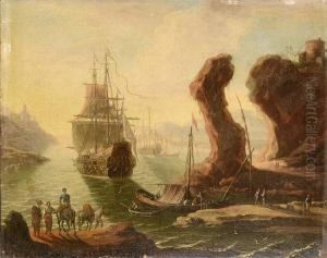 A Rocky Coastal Inlet With Travellers On The Shore And Dutch Shipping At Anchor Beyond by Adriaen Van Der Kabel