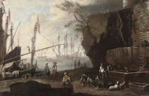 A Mediterranean Coastal Landscape With Figures In The Foregroundand Shipping Beyond by Adriaen Van Der Kabel