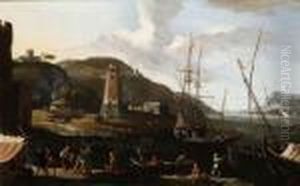 Paesaggiocostiero Con Figure Olio Su Tela, Cm 47x73, In Cornice by Adriaen Van Der Kabel