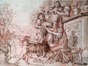Cabel. . Personnages Devant La Fontaine. Plume Et Sanguine. 21 X 24 Cm Cabel. . Personnages Devant La Fontaine. Plume Et Sanguine. 21 X 24 Cm
