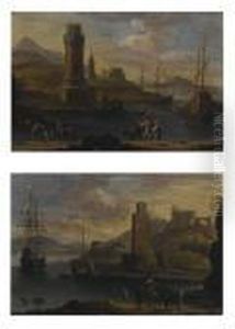 Marine Con Velieri E Figure by Adriaen Van Der Kabel