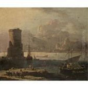 A Mediterranean Coastal Scene With Figures On A Quay by Adriaen Van Der Kabel